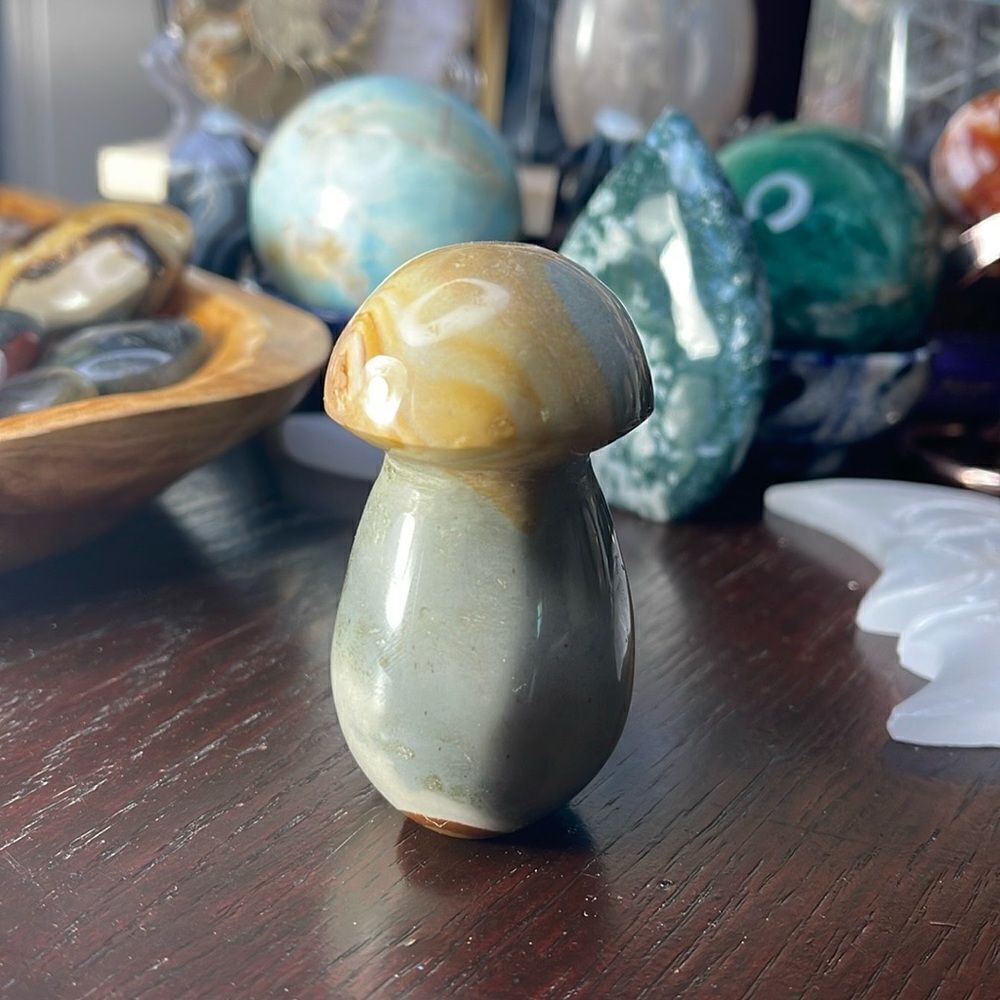 Polychrome jasper Mushroom Carving small grey gray yellow brown natural stone